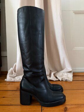 Zara Black Leather Knee-High Boots Block Heel Minimal Classic Size 7.5